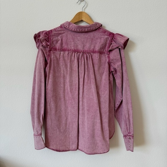 Free People Samantha Pink Acid Wash Ruffle Denim Button Down Top XS - Picture 3 of 11